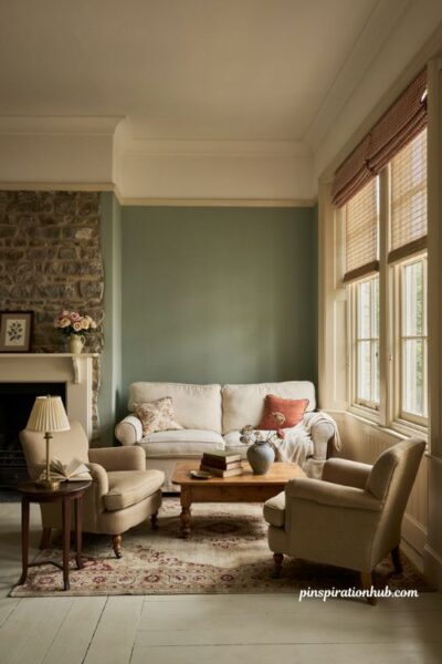 Red and white English country cottage living room with floral accents