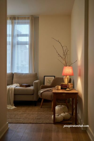 Red orange Halloween apartment decor with spooky lamp lighting