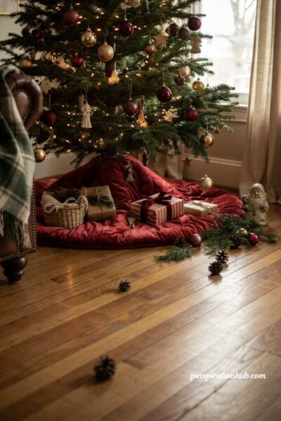 Red velvet Christmas tree skirt with nostalgic wrapped gifts