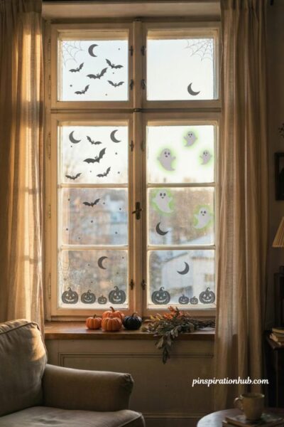 Removable Halloween window clings with glowing ghosts and bats
