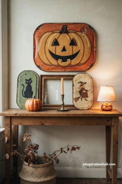 Reproduction vintage Halloween tin signs with retro postcard decor