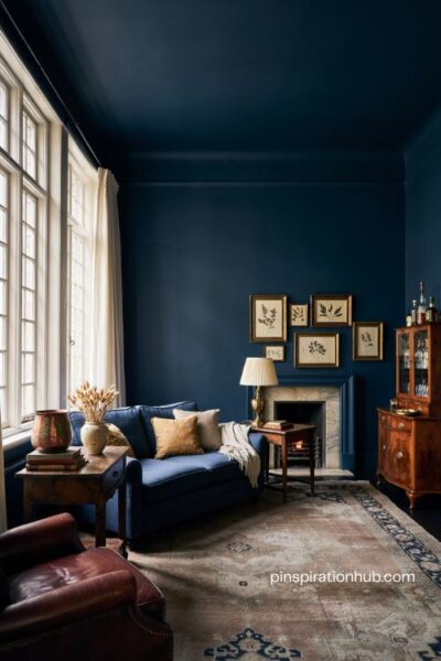 Rich navy moody living room with brass accents aged copper and polished walnut cabinet