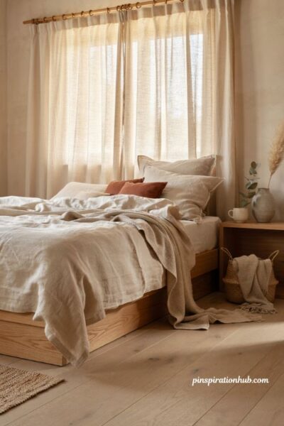Rumpled linen Japandi bedroom ideas with earthy terracotta accents