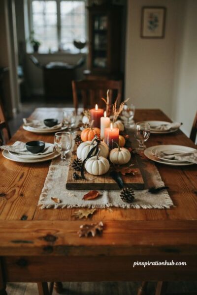 Rustic burlap Halloween table runner with pumpkins and pinecones