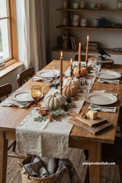 Rustic farmhouse Halloween dining table decor with pumpkins