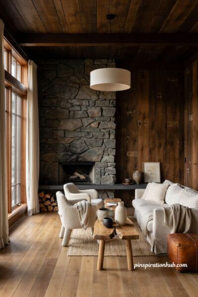 Rustic neutral living room with dark wood walls pale furniture and oversized pendant