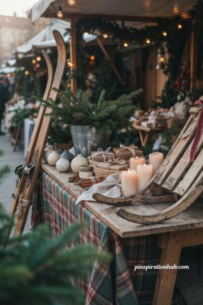 Rustic vintage Christmas booth display ideas with sled skis and farmhouse decor