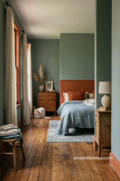 Sage green bedroom with burnt orange accents and blue bedding for a warm balanced look