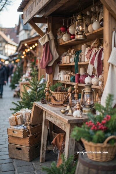 Santa's workshop Christmas booth display ideas with elf figures and rustic decor