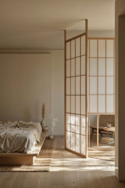 Shoji style screen Japandi bedroom ideas with filtered natural light