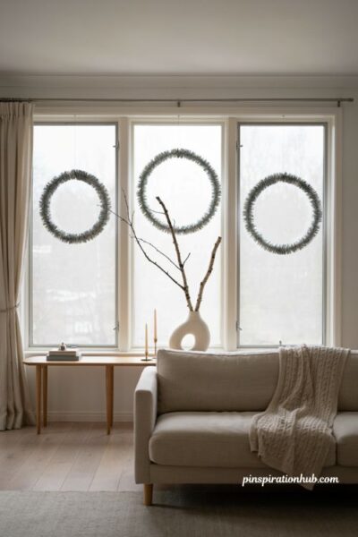Silver tinsel hoop Christmas window decorations in a modern room