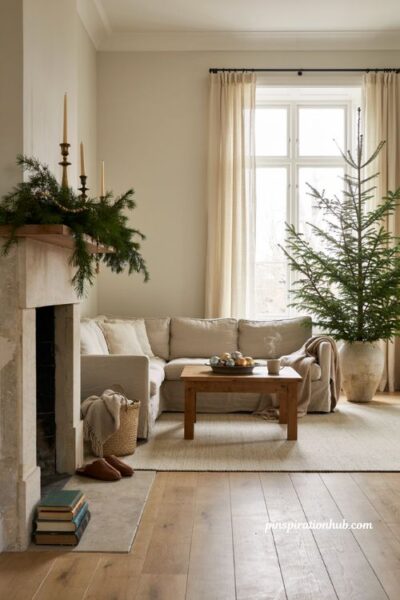 Simple Christmas living room decor with foraged greenery pine stems and subtle sparkle