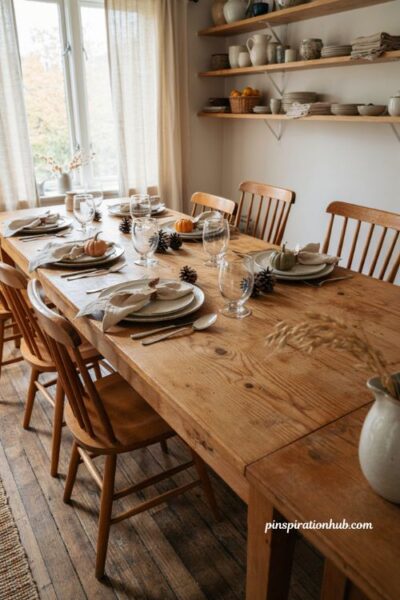 Simple everyday fall place settings with cloth napkins dried gourds pine cones and leaf napkin rings