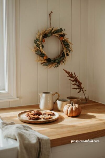 Simple fall coffee bar with mugs coffee pot treats and minimal seasonal decor