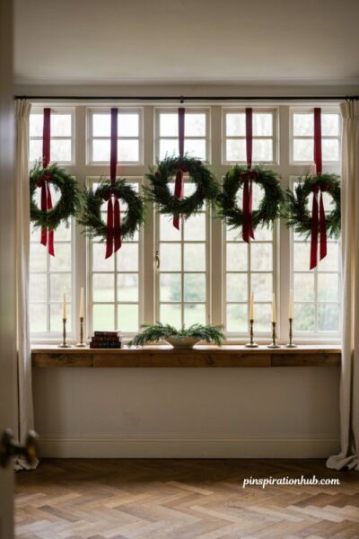 Simple wreath Christmas window decorations with varying satin ribbon lengths