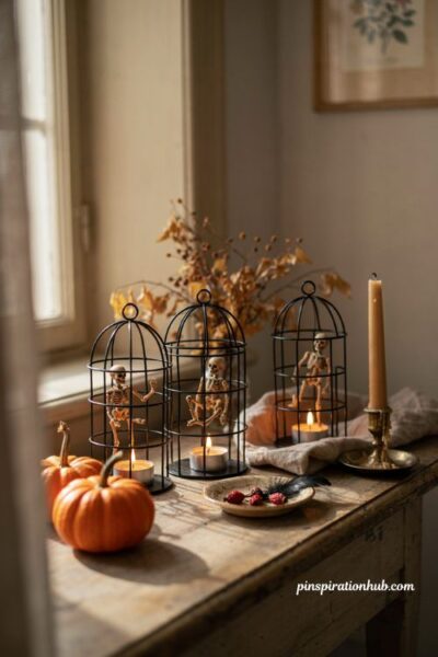 Skeleton and cage Halloween candle displays with playful DIY decor