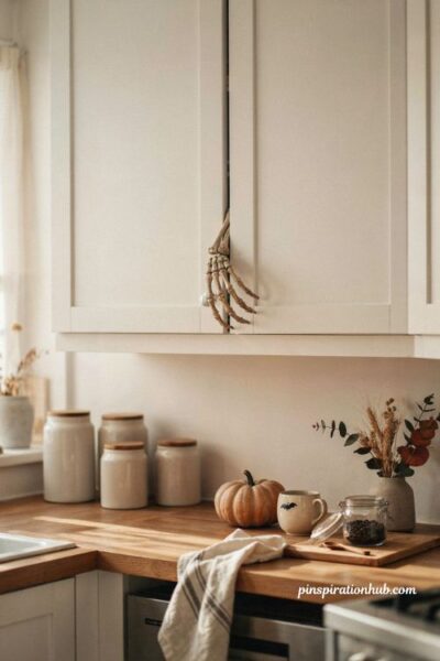 Skeleton hands reaching from kitchen cabinet Halloween decor