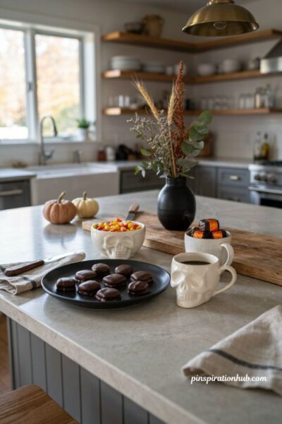 Skull themed serveware with black and white Halloween kitchen dishes