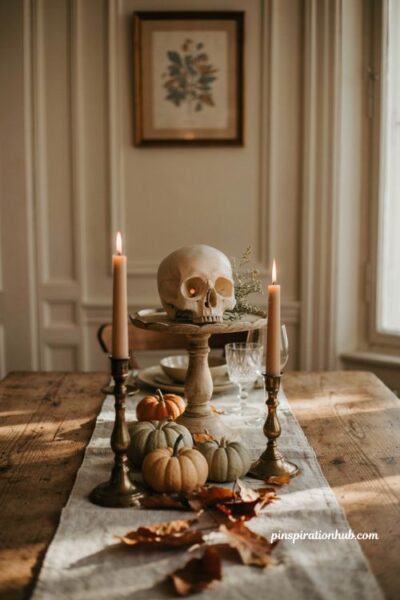 Skull topped cake stand Halloween centerpiece with pumpkins and dried greenery
