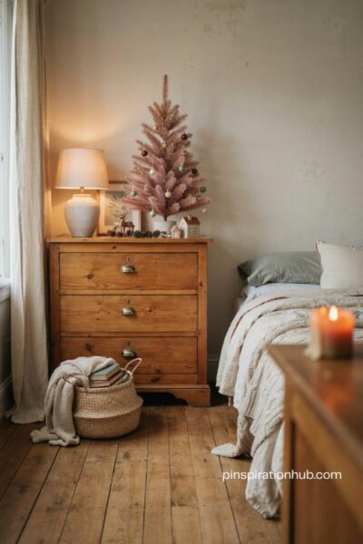 Small blush pink christmas tree on a bedroom dresser with colorful mini ornaments