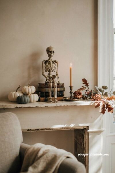 Small skeleton Halloween mantle idea with books and candle