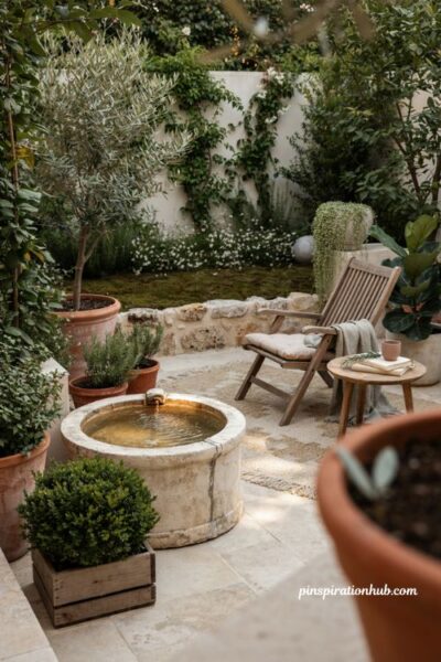 Small water feature cozy backyard ideas with fountain and garden seating