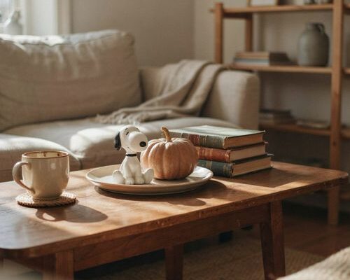 Snoopy fall autumn decor with pumpkin and mug on a cozy coffee table