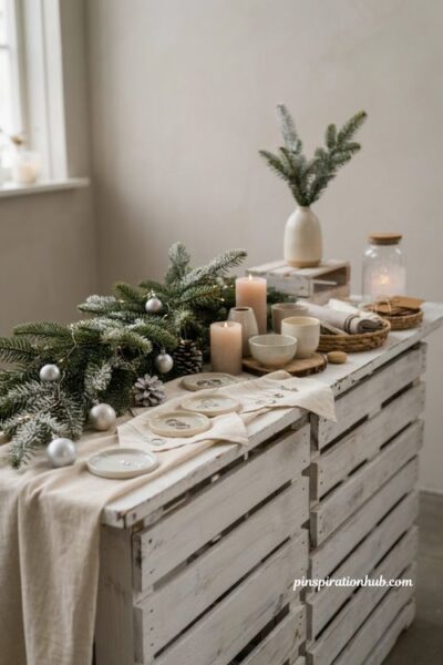 Snowy neutral Christmas booth display ideas with white silver and icy blue decor