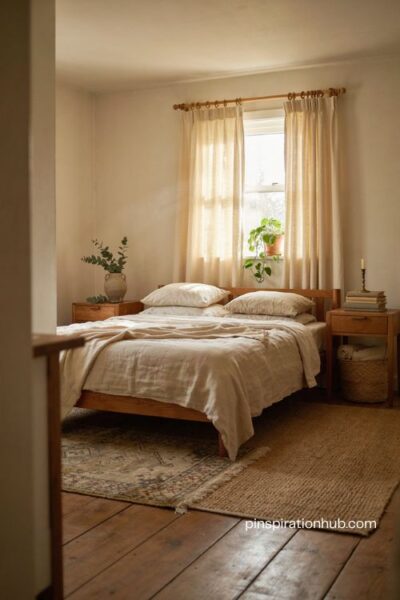 Soft woven vintage rug in an earthy cozy bedroom with natural wood and linen bedding
