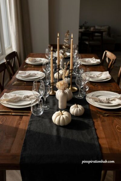 Sophisticated Halloween table with plain black linen runner and white pumpkins