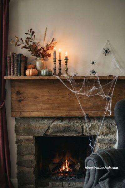Spiderweb Halloween fireplace mantel decor with pumpkins and candles