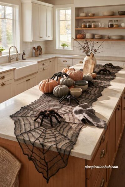 Spiderweb table runner with oversized spiders on kitchen island