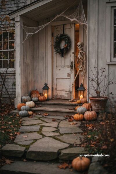 Spooky Halloween entryway with pumpkins skeleton lanterns cobwebs and wreath