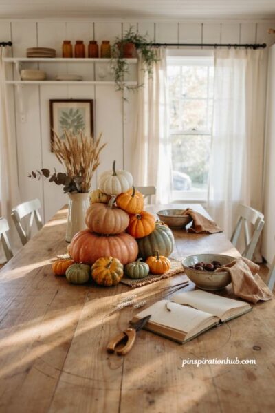 Stacked pumpkin pyramid ideas with irregular pumpkins and small gourds for fall kitchen table decor