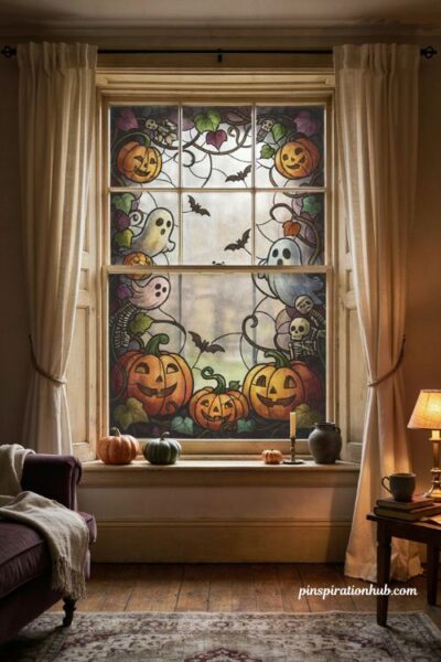 Stained glass style projection Halloween window display with pumpkins and ghosts