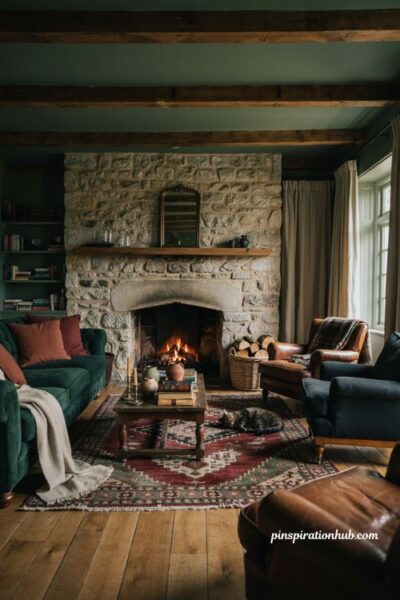 Stone fireplace cottage living room with deep cozy colors and warm fabrics