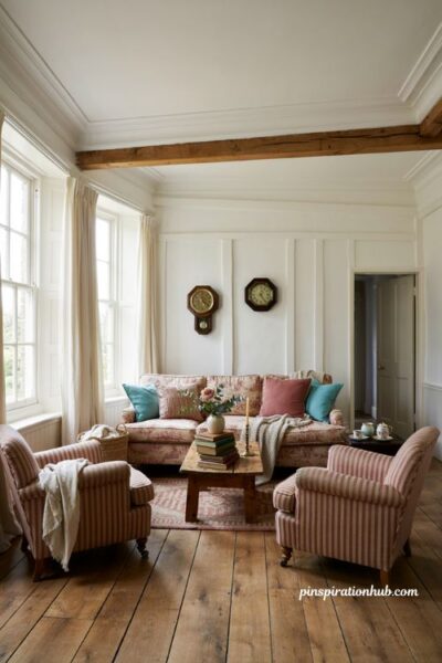 Striped and toile English cottage living room with red and turquoise accents