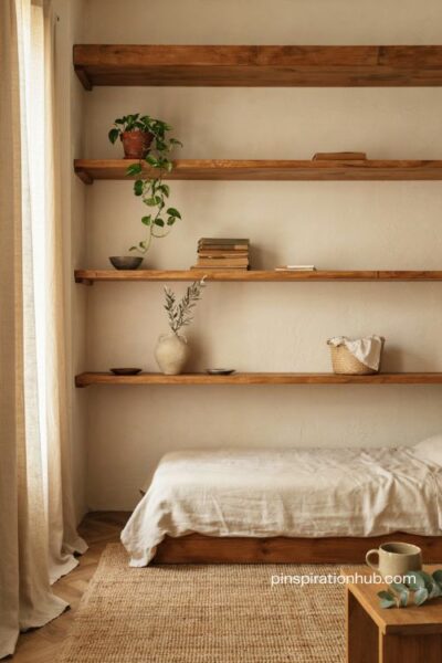 Styled open shelves in an earthy cozy bedroom with plants books ceramics and woven baskets