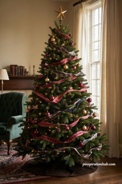 Tartan ribbon woven through a traditional Christmas tree