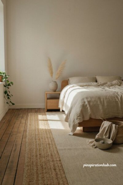 Tatami inspired flooring Japandi bedroom ideas with light oak bed