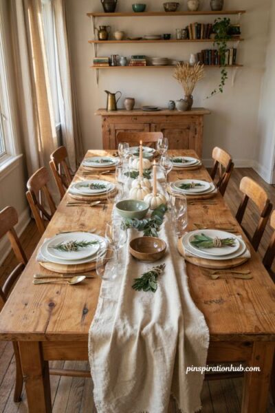 Thanksgiving dinner table setting ideas with fresh herbs in linen napkins