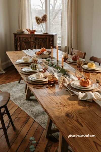 Thanksgiving dinner table setting ideas with mini pumpkins at every seat