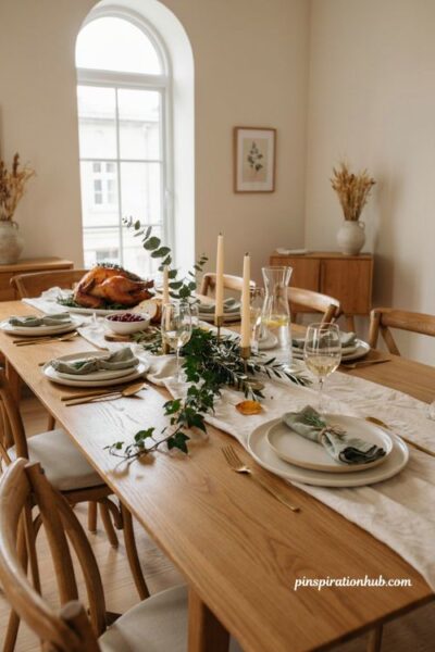 Thanksgiving dinner table setting ideas with white dishes and greenery