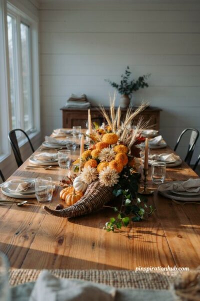 Thanksgiving flower arrangements with a cornucopia centerpiece