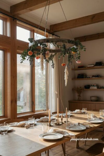 Thanksgiving flower arrangements with a suspended floral chandelier