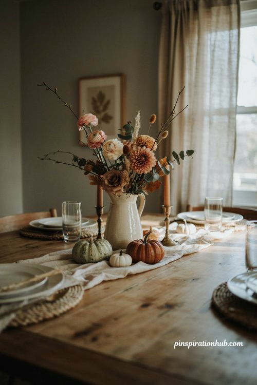 Thanksgiving flower arrangements with a warm gathered harvest look
