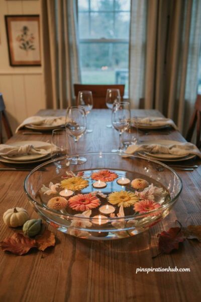 Thanksgiving flower arrangements with floating candles and blooms