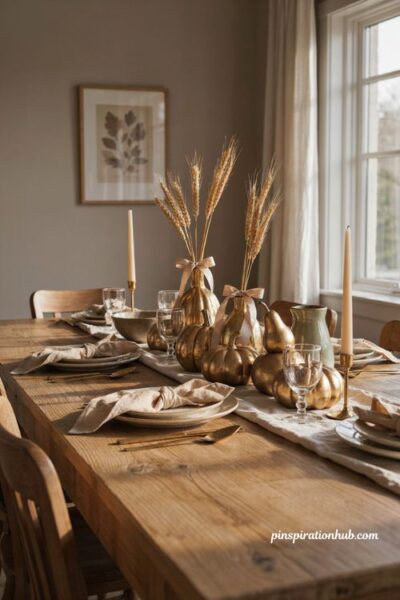 Thanksgiving flower arrangements with golden gourds and wheat