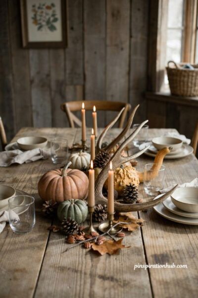 Thanksgiving flower arrangements with rustic antlers pumpkins and pinecones