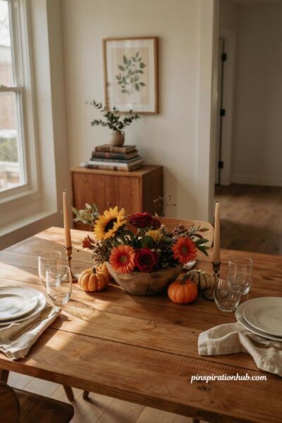 Thanksgiving flower arrangements with sunflowers in a low wooden bowl